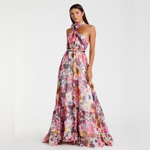 Mac Duggal Pink Floral Halter Neck Evening Gown